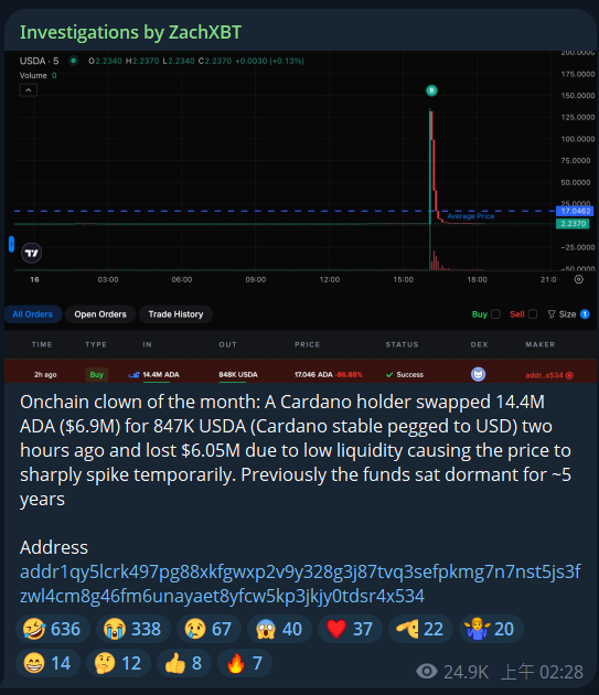 五年ADA持有者误换稳定币，瞬间亏损超600万美元！