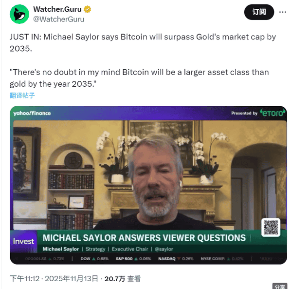 微策略创始人预测:2035年比特币市值超黄金,未来目标100万美元!